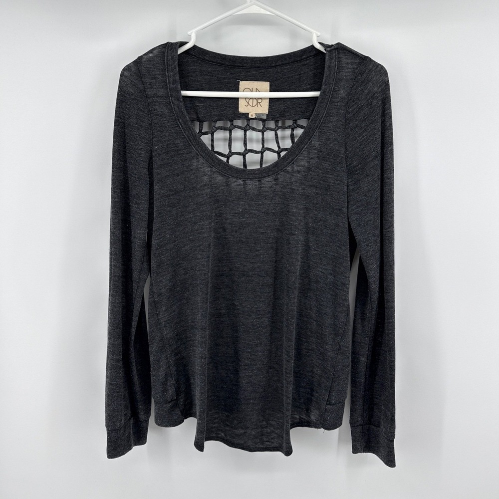 Chaser Womens Charcoal Grey Lattice Cage Open Back Long Sleeve Scoop Neck Top M